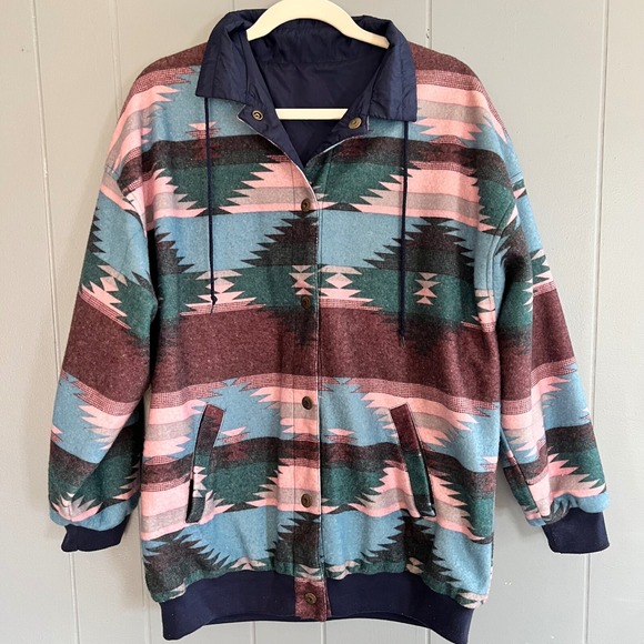 Vintage reversible‎ windbreaker jacket Aztec fleece Braetan XL navy 90s western - Picture 2 of 10